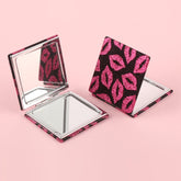 Showing Your Unique Charm, The PU Glitte Leather Makeup Mirror Is Embellished With Pink Lip Patterns, And The Plating Silver Metal Frame And 70*70mm Square Design Are Exquisite And Lightweight, Making It Beautiful Anytime And Anywhere